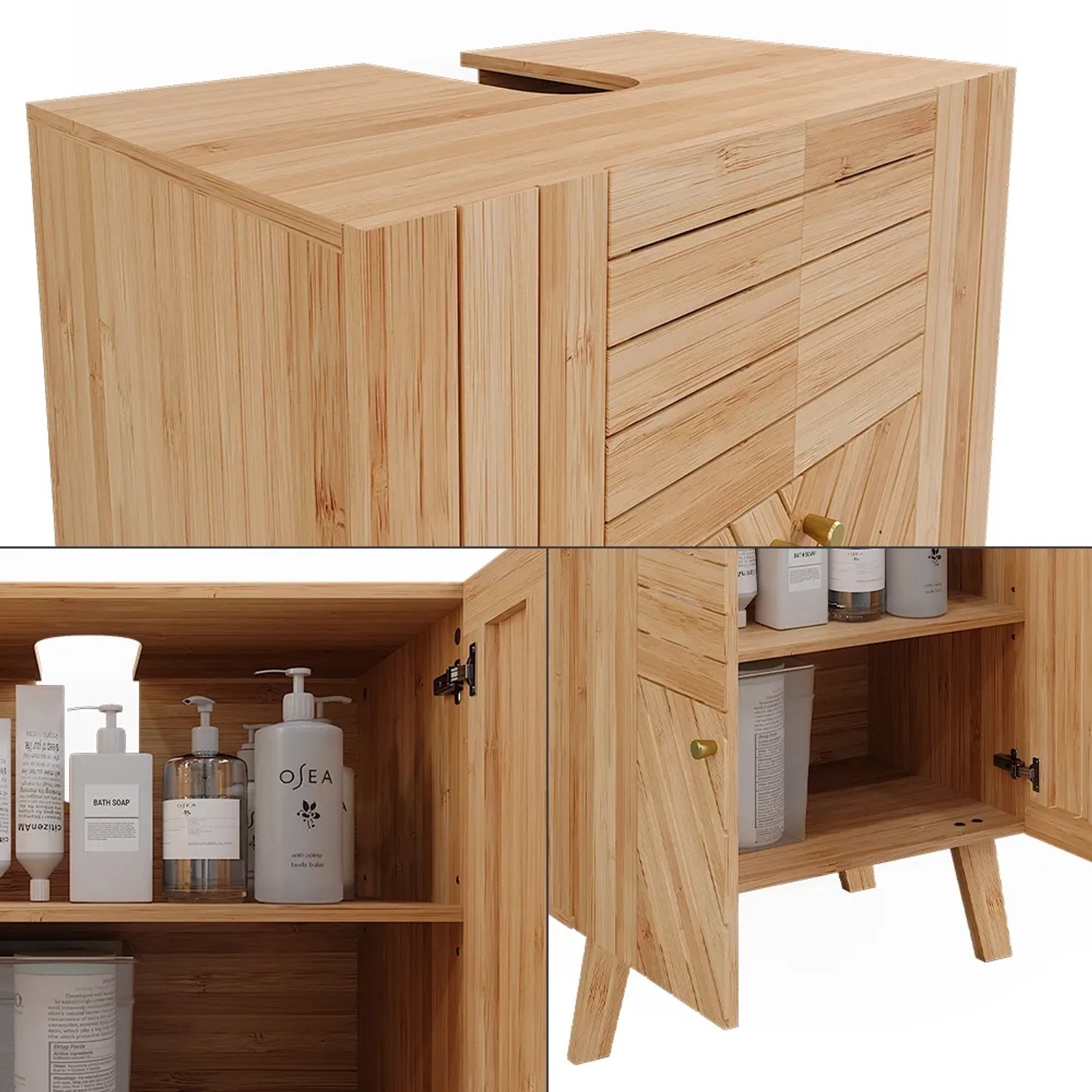 Vicco Waschbeckenunterschrank Lucie, Bambus-Optik, 60x65 cm, mit zwei Türen für Badutensilien.
