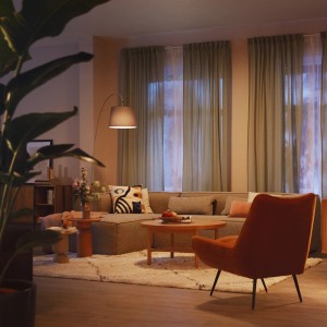 Wohnzimmer mit Philips E27 LED Lampe in Glühlampenform, die warmweißes Licht spendet.