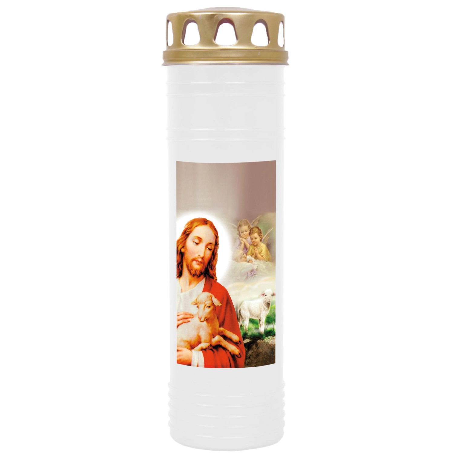 HS Candle Grabkerze Weiß 170h Deckel Gold Jesus & Lamm günstig online kaufen