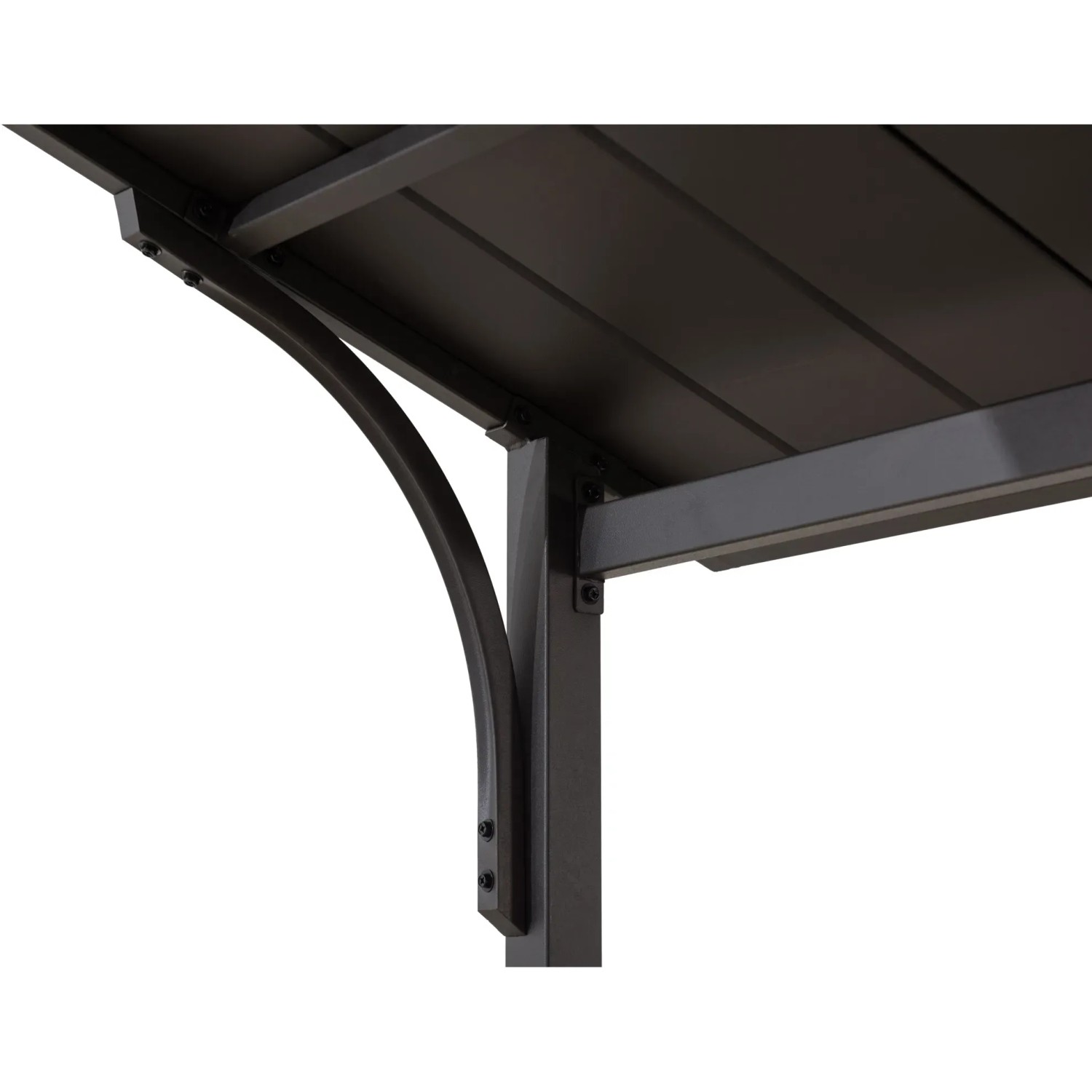 Detailansicht des schwarzen Sunjoy Grill-Pavillons Aspe aus Stahl, Fokus auf Rahmen und Dach.