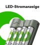 GP Akku-Ladegerät mit 4 AA Akkus 2100 mAh im Ladeschacht mit LED Anzeige.
