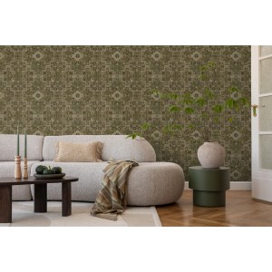 ESTAhome Tapete Orientalisches Kelim Patchwork Olivgrün 50 X 900 Cm 131359