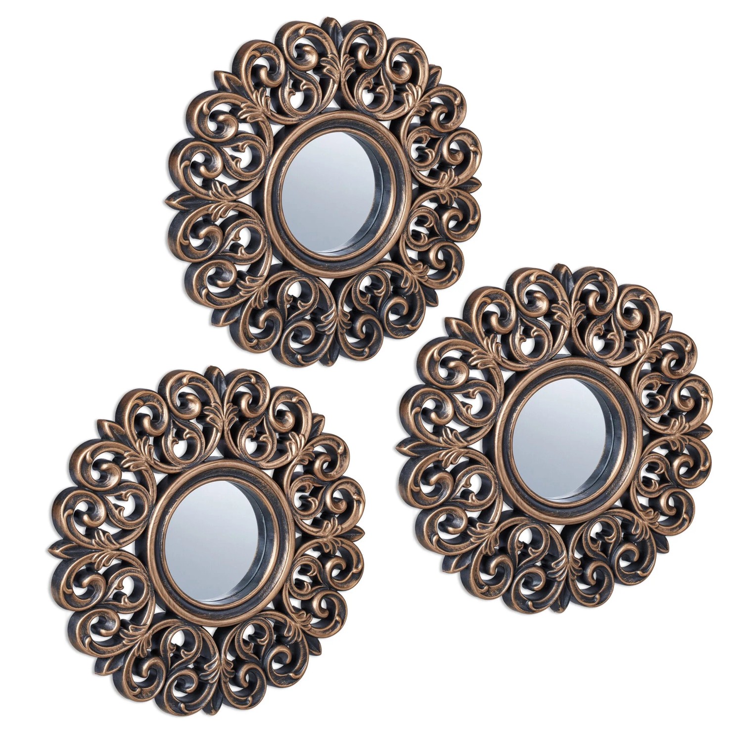 Relaxdays Wandspiegel 3er Set Kunststoff Glas Bronze Schwarz Barock ø 25 cm 0,2 kg