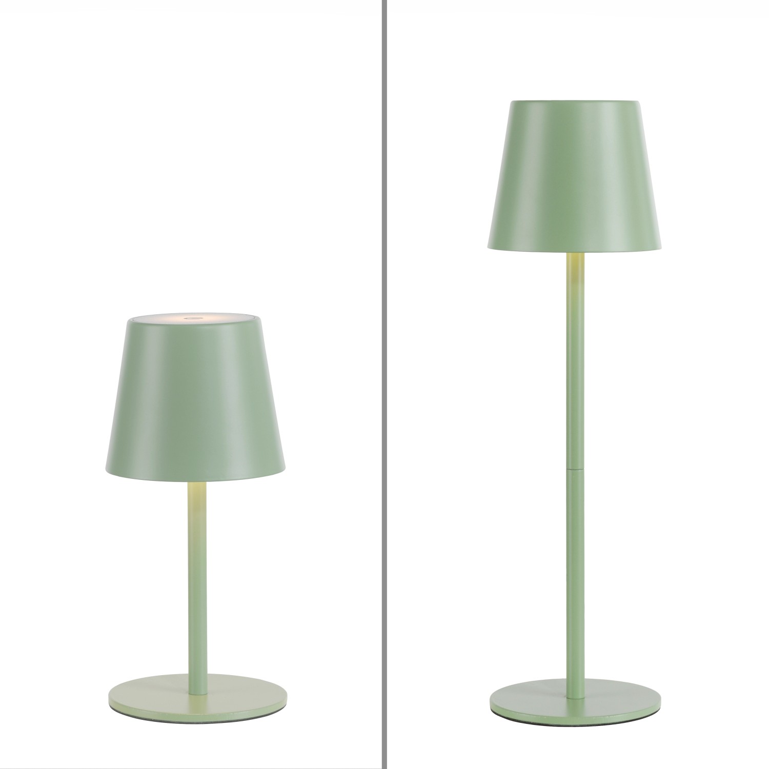Grüne LED-Akku-Tischleuchte Euria von Just Light, in zwei Höhen dargestellt.
