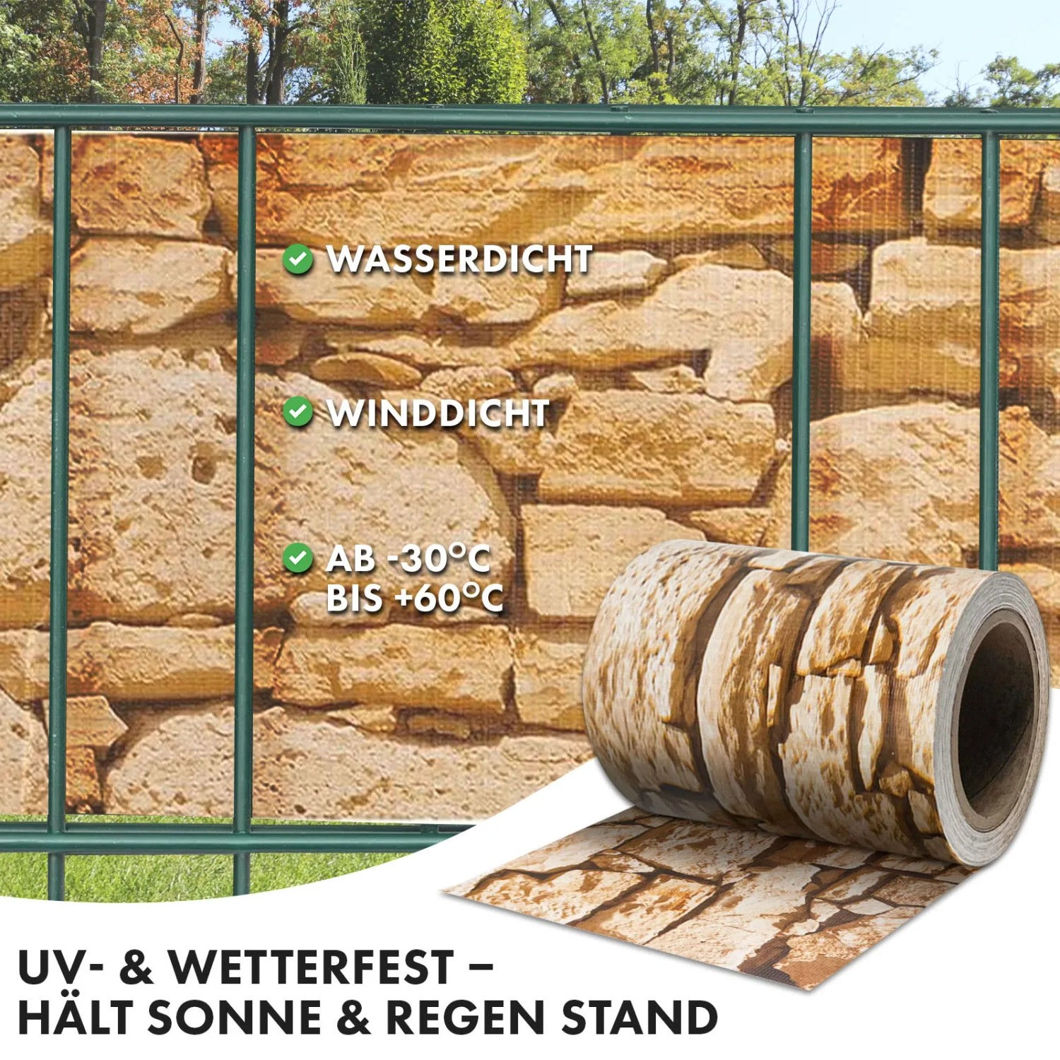 KARAT PVC Sichtschutzstreifen in Steinoptik für Gartenzaun, blickdicht und wetterfest.