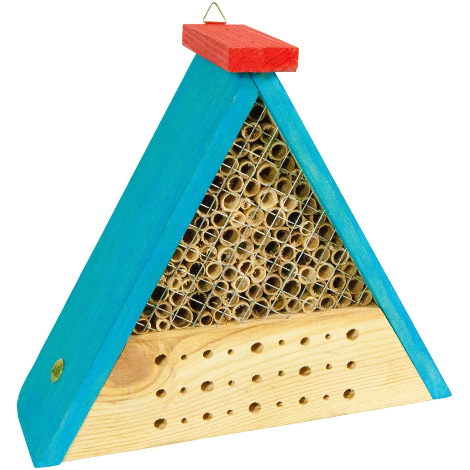 Bausatz Insektenhotel Bee: Dreieckiges Holzhaus mit Bambusröhren und Bohrlöchern, blau und rot bemalt.
