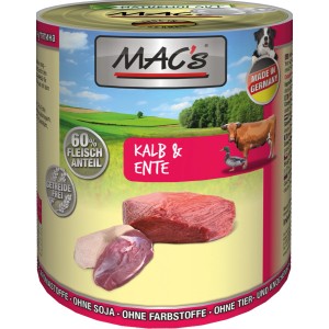 Mac's Hunde-Nassfutter Kalb & Ente, getreidefrei, hoher Fleischanteil im 800g Napf.