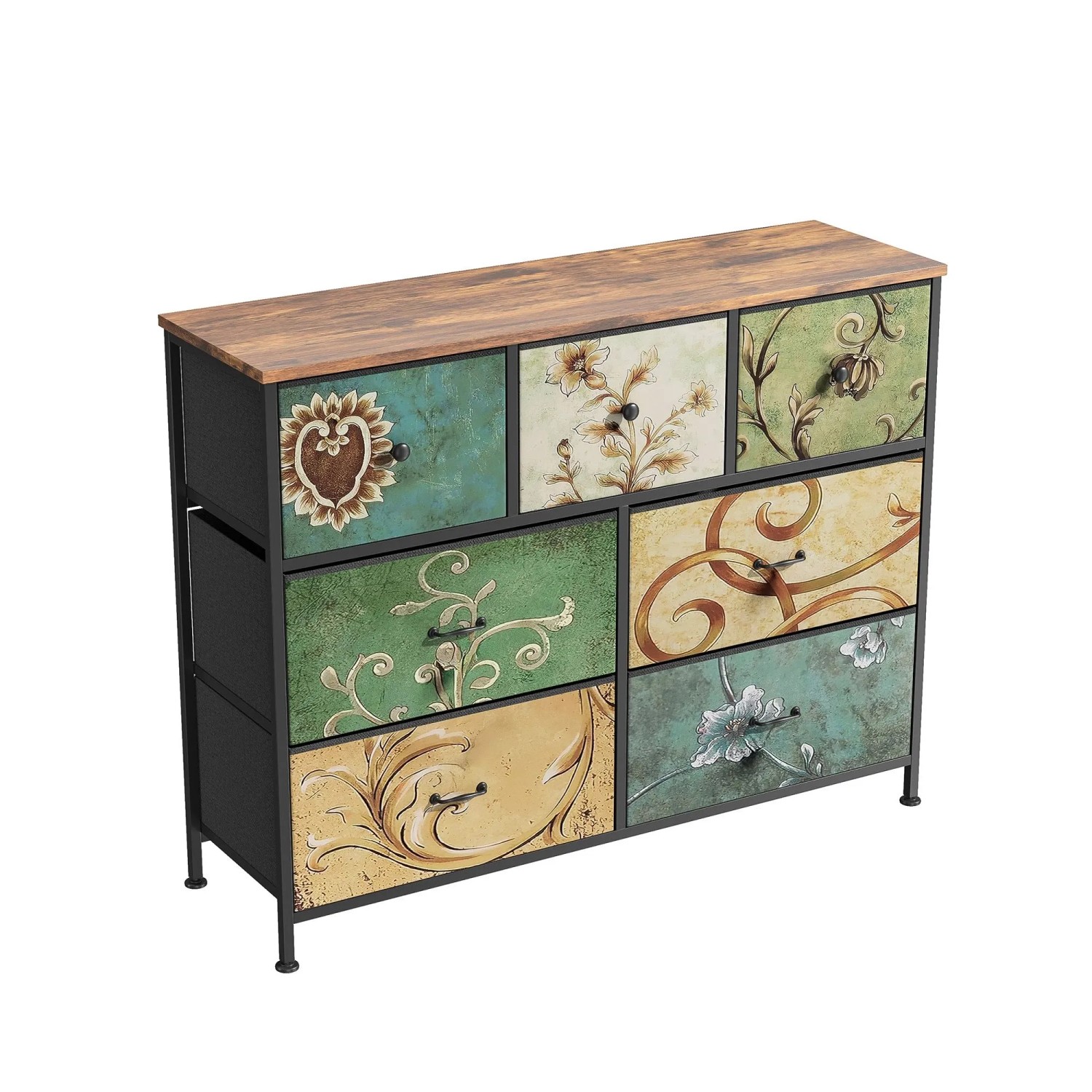 PXloue Kommode 78x30x100cm mit 8 Schubladen-Schubladenschrank aus Stoff mit Stabiler Stahlrahmen-Vintage-Druck
