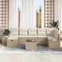 Beiges 8-teiliges vidaXL Garten-Sofa-Set aus Poly Rattan mit Kissen und Tisch.