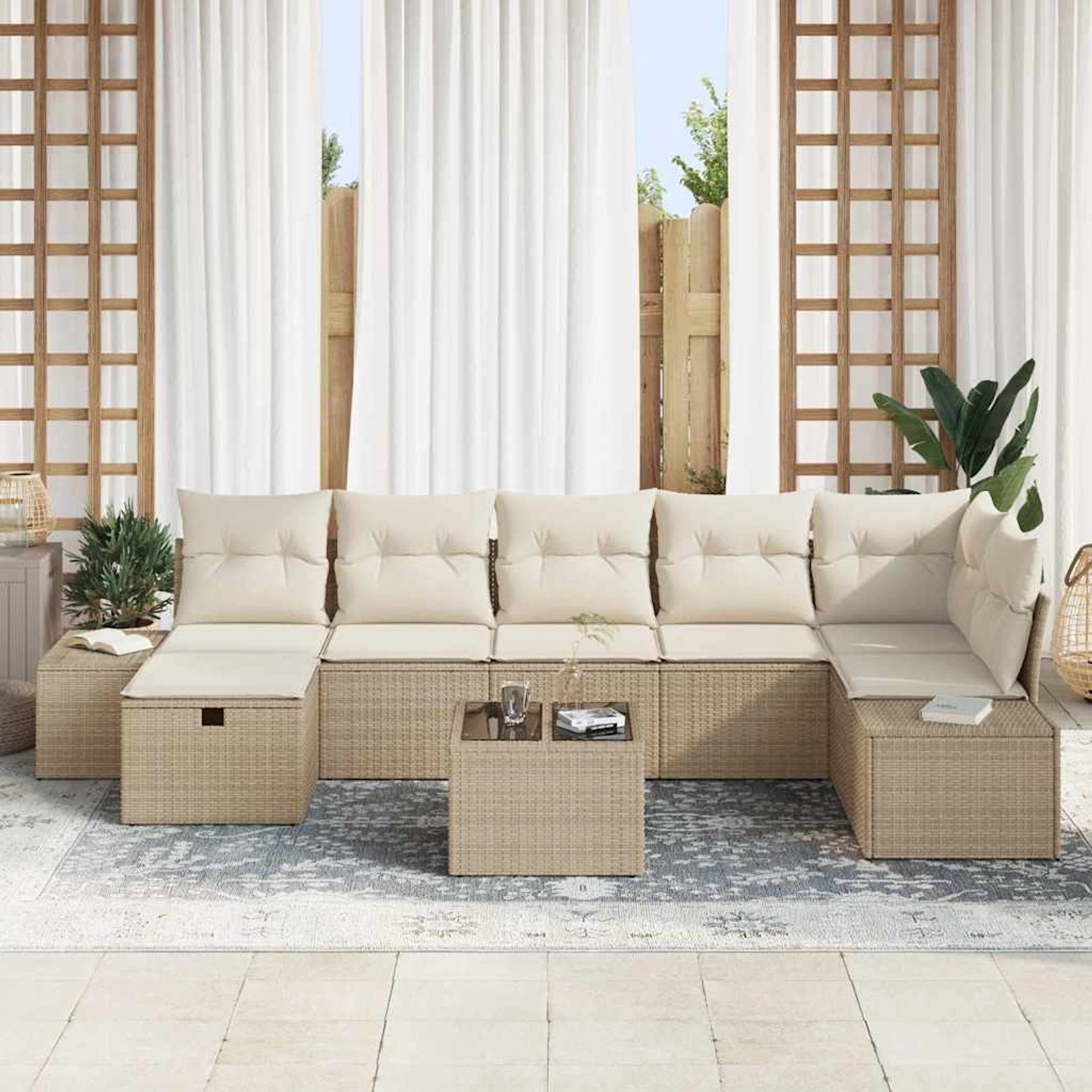 Beiges 8-teiliges vidaXL Garten-Sofa-Set aus Poly Rattan mit Kissen und Tisch.