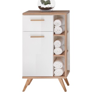 Pelipal Unterschrank Quickset 923, 35,5 cm, Weiß Glanz mit Holzdetails und Handtüchern.