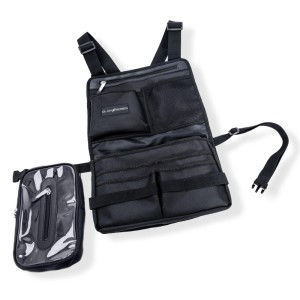 Schwarze Glamseries Organizer Schürze mit vielen Fächern, verstellbaren Riemen und Reißverschlüssen für Friseure & Make-Up Artists.