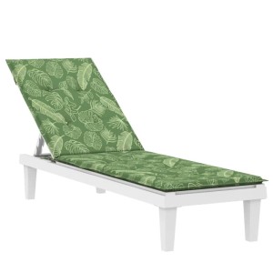 Grüne Liegestuhl-Auflage mit Blattmuster auf weißer Sonnenliege. Bequemes Gartenstuhl-Kissen aus Oxford-Gewebe.