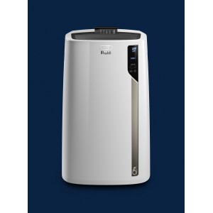 Weißes DeLonghi Klimagerät PAC EL98 ECO mit digitalem Display und silbernem Akzent.