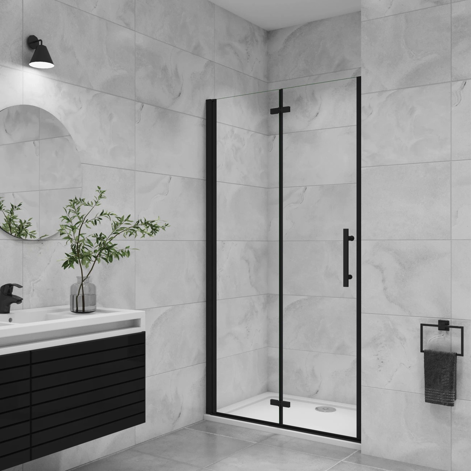 Schwarze AICA Falttür Dusche mit ESG Glas, 110x195cm, Drehtür Duschwand.