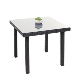 Schwarzer Poly-Rattan Gartentisch Mattis mit Glasplatte, quadratisch.
