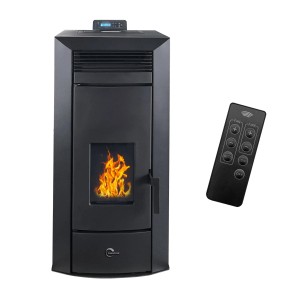 Sannover Pelletofen Anita 21 kW Bordeaux mit Flamme und Fernbedienung.