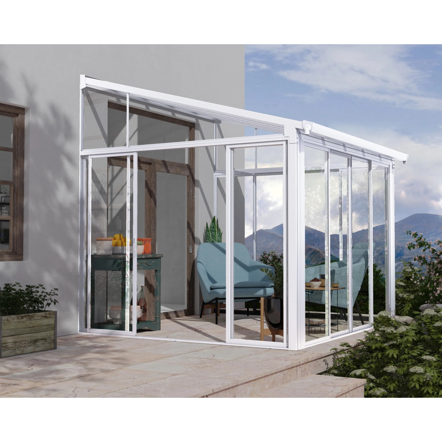 Weißer Palram Canopia Wintergarten San Remo mit Glaswänden und Terrassenmöbeln.