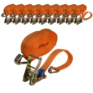10 orangefarbene TRUTZHOLM Ratschen Spanngurte, 6m lang, 2t Zugkraft, zur Ladungssicherung.