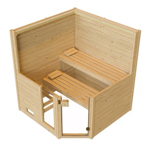 Weka Massivholzsauna Valida Eck mit Glastür, zwei Liegen und Ofenschutz von oben.