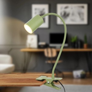 Lindgrüne Briloner LED-Klemmleuchte FLEKS mit Schwanenhals und Kabelschalter.