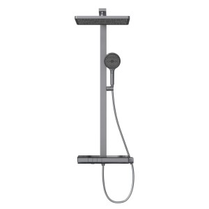 Anthrazitfarbenes Emke Duschsystem mit Thermostat, Glasablage, Handbrause und Kopfbrause.