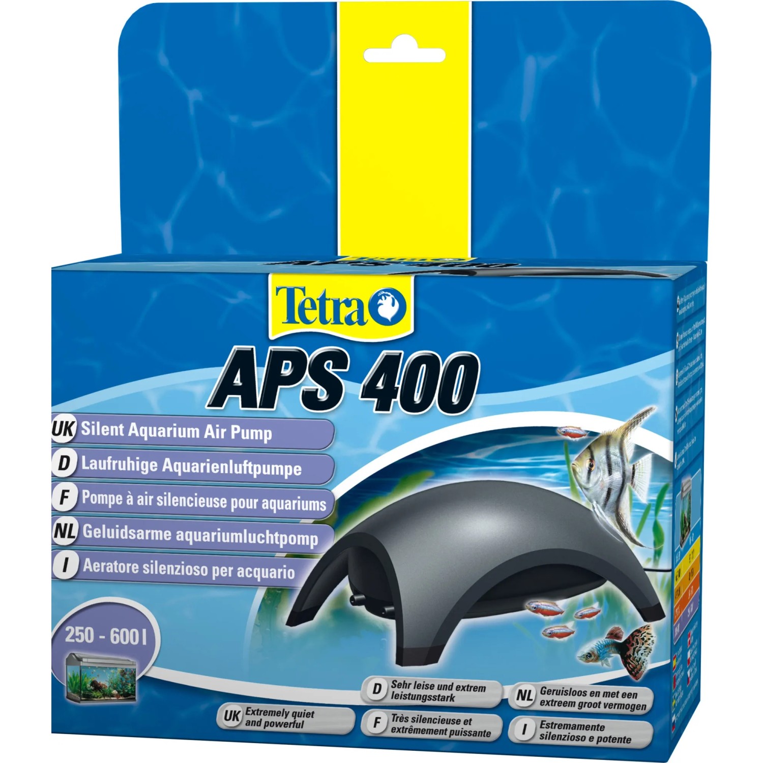 Tetra APS 400 Aquarienluftpumpe, geeignet für Aquarien von 250-600l, auf der Verpackung.