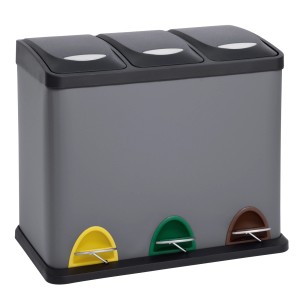 Grauer Svita Treteimer TC3X8 mit 3 Fächern (je 8L) aus pulverbeschichtetem Stahl für Mülltrennung.