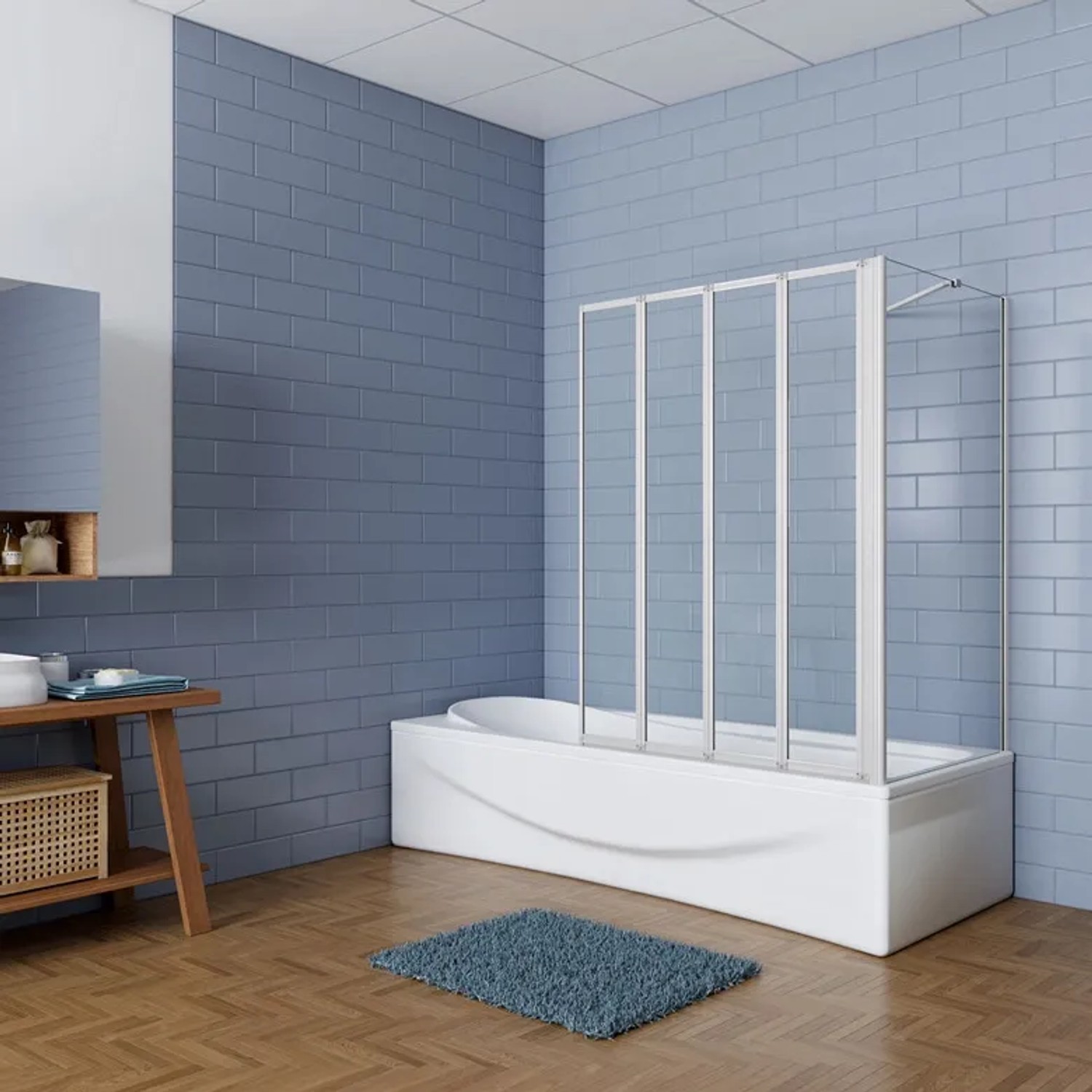 Weißer 4-teiliger Badewannenaufsatz 100x140 cm mit Seitenwand aus ESG-Glas als Duschabtrennung.