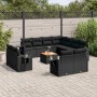 Schwarze 12-tlg. vidaXL Garten-Sofagarnitur aus Poly Rattan mit Kissen und Tisch.