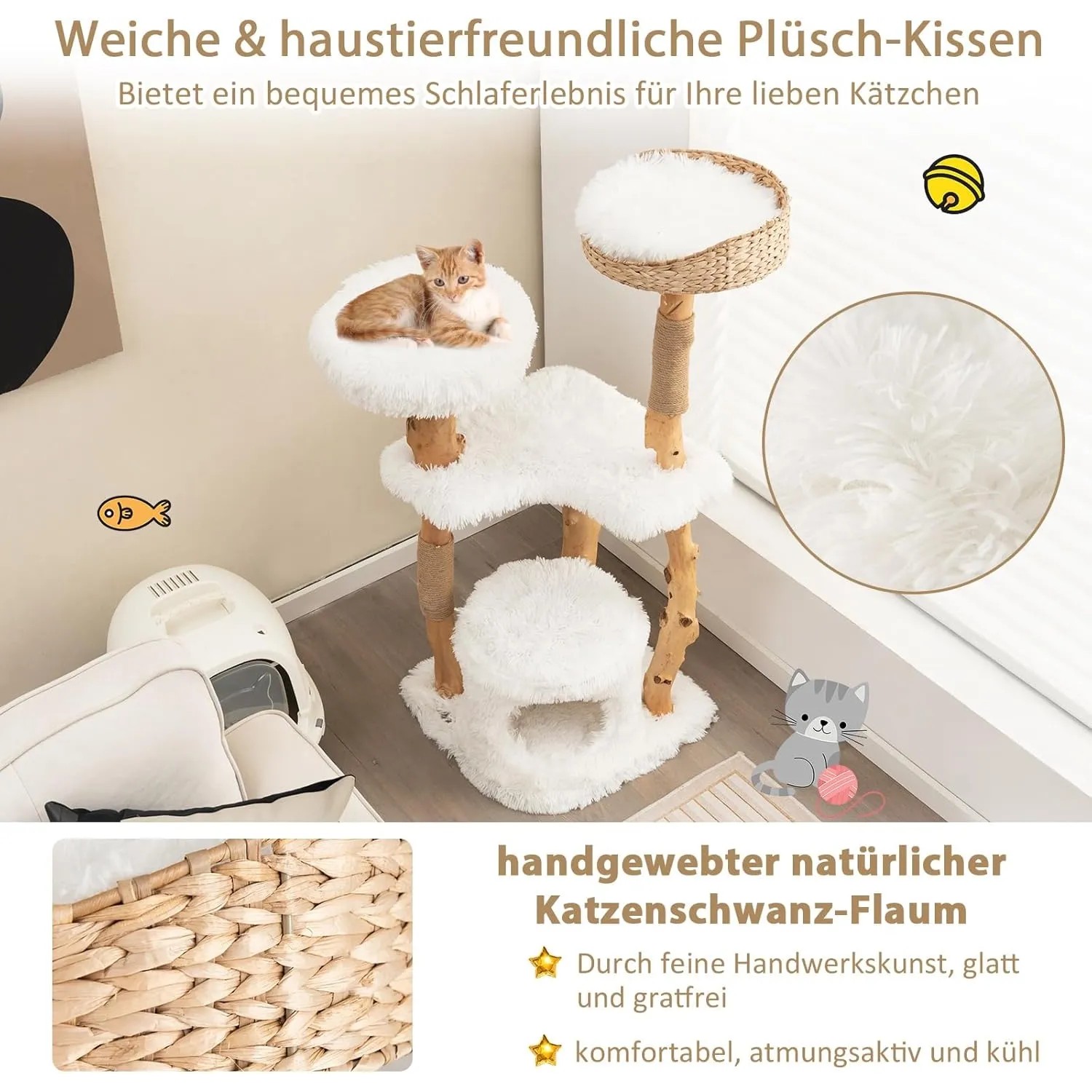 Costway Kratzbaum Holz Katzenbaum mit Katzenhöhle 124cm Weiß_2