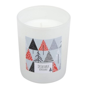 Weißes Duftglas Graphics mit Snow Walk Duftkerze. Dekoratives Design mit stilisierten Bäumen für festliche Stimmung.