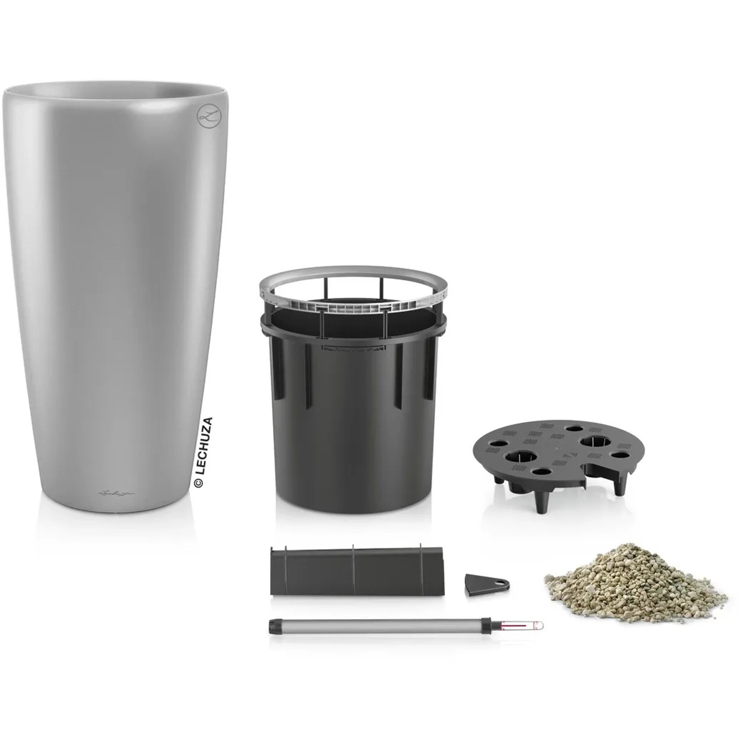 Lechuza Rondo Premium Pflanzsäule, Ø 33cm, silber metallic, mit Zubehör für die Bepflanzung.