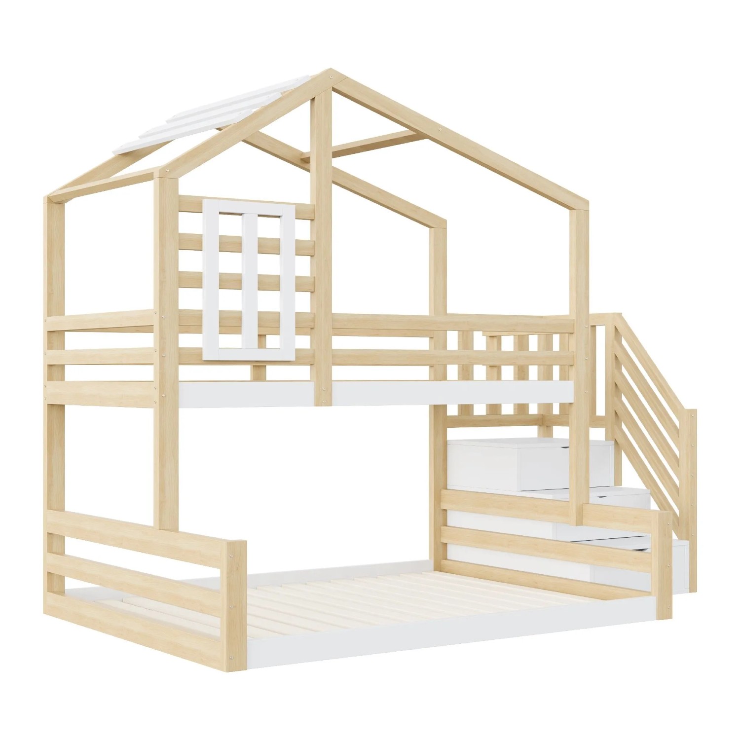 KOMHTOM Etagenbett 90x200Cm Kiefernholz Bett Mit Fenster Hausleiste Geländer Stufentreppe Zur Aufbewahrung Natur Ohne Matratze