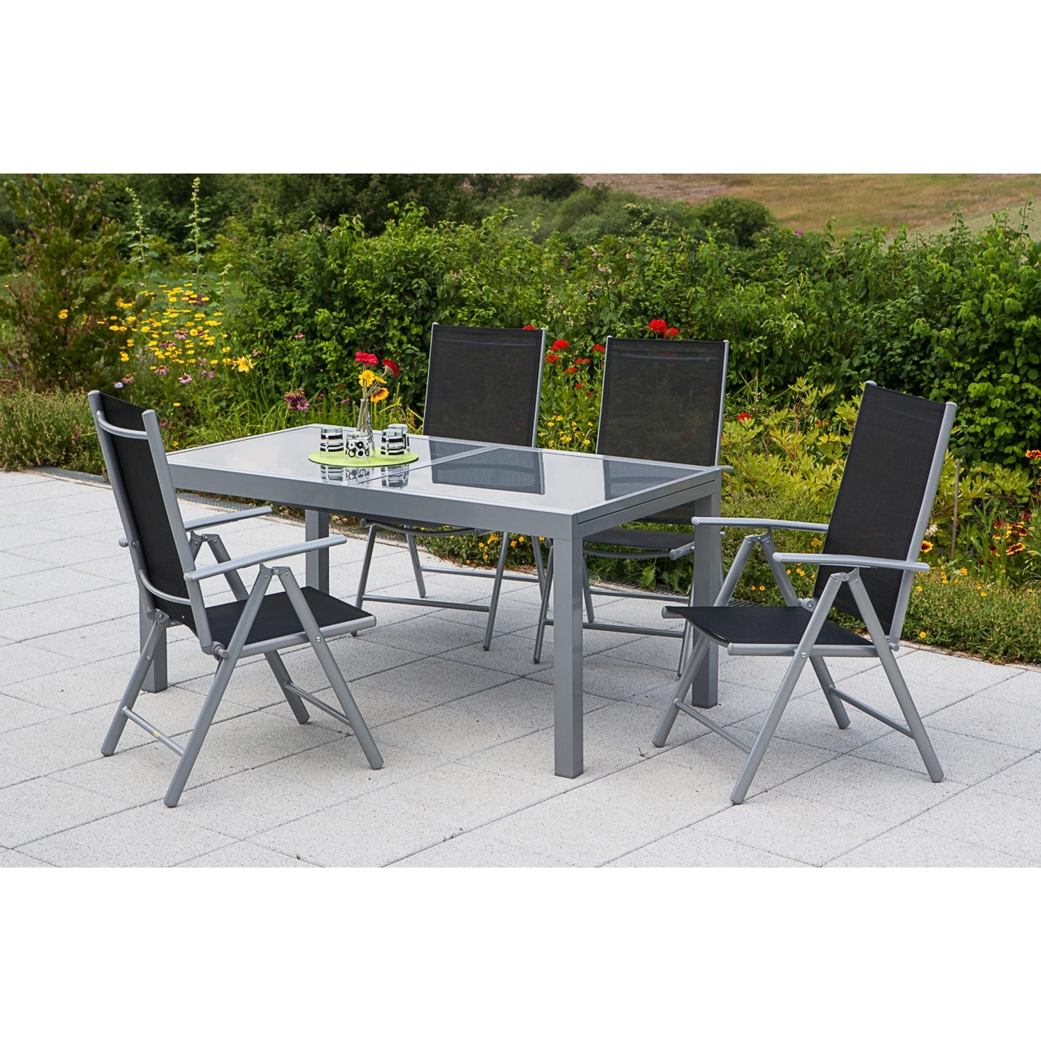 Merxx Gartenmöbel-Set Amalfi, 5-teilig, mit Ausziehtisch und 4 Klappsesseln in Schwarz.