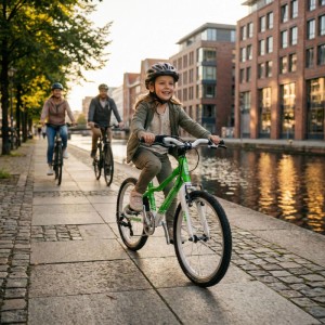 Kind fährt grünes PROMETHEUS BIKES 20 Zoll Fahrrad mit 7 Gängen. Familie im Hintergrund.