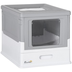 PawHut Katzenklo mit Bodenschale, grau-weiße, geschlossene Katzentoilette mit Sichtfenster.