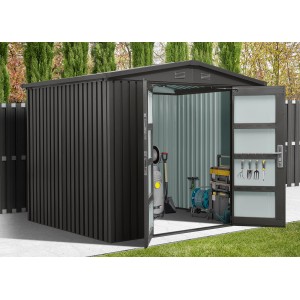 Floraworld Premium Gerätehaus mit Satteldach, 244x201x200 cm, in Grau. Doppeltür geöffnet, Werkzeuge sichtbar.