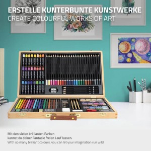 ECD Germany 109-teiliges Malset im Holzkoffer, Malkasten mit Buntstiften, Ölkreiden und Farben.
