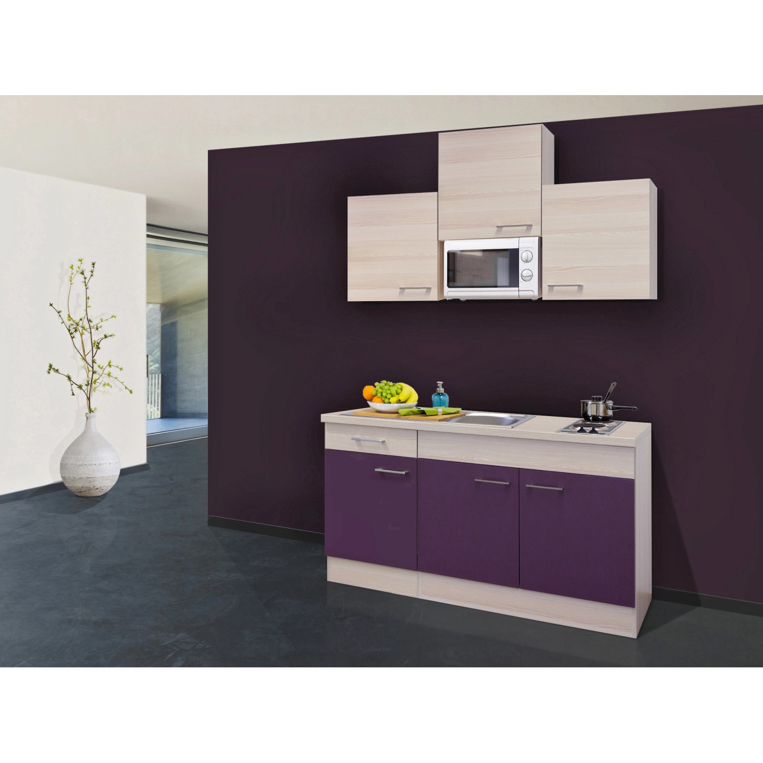 Flex-Well Exclusiv Singleküche Focus 150 cm breit Akazie-Aubergine