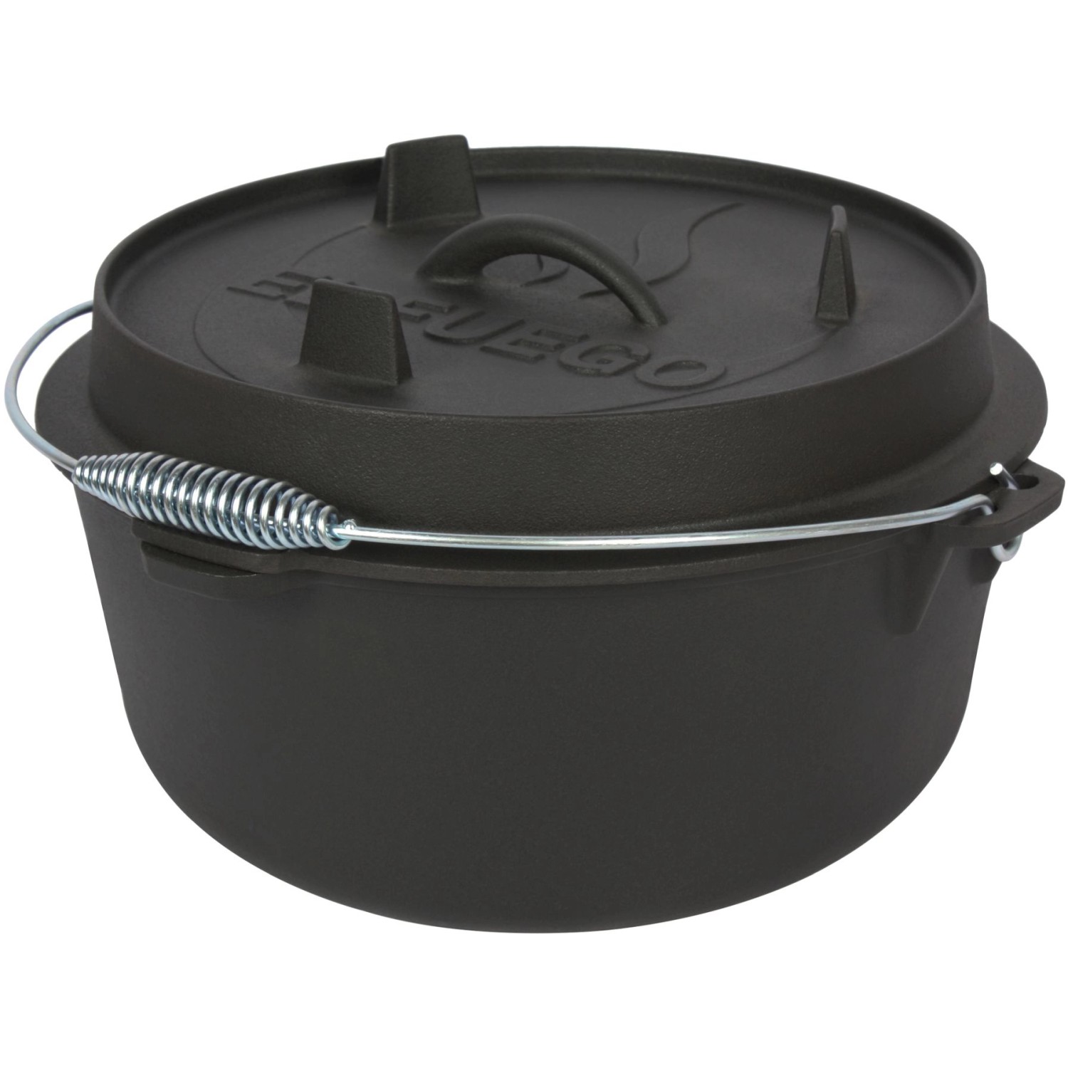 Schwarzer El Fuego Dutch Oven aus Gusseisen (7,2 l) mit Deckel (1,8 l) und Tragebügel. Ideal zum Kochen im Freien.
