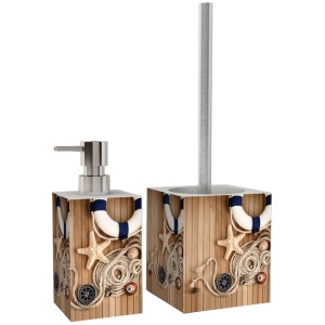 Sanilo Badezimmer Set Maritime: Seifenspender und WC-Bürste mit maritimem Dekor.