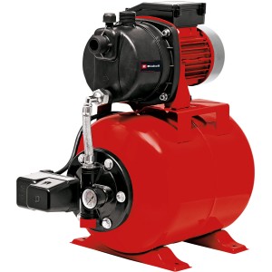 Einhell Hauswasserwerk GC-WW 6538 Set: Rote Pumpe mit schwarzem Pumpenkopf und Manometer.