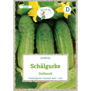 Grüne Fee Salat- und Schälgurke Delikateß Saatgut Packung mit Gurken und Blüten.