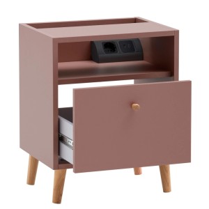 Schildmeyer Nachttisch Bjarne Mauve mit offener Schublade, Nische, integrierter Steckdose und USB-Anschlüssen, Holzfüße.