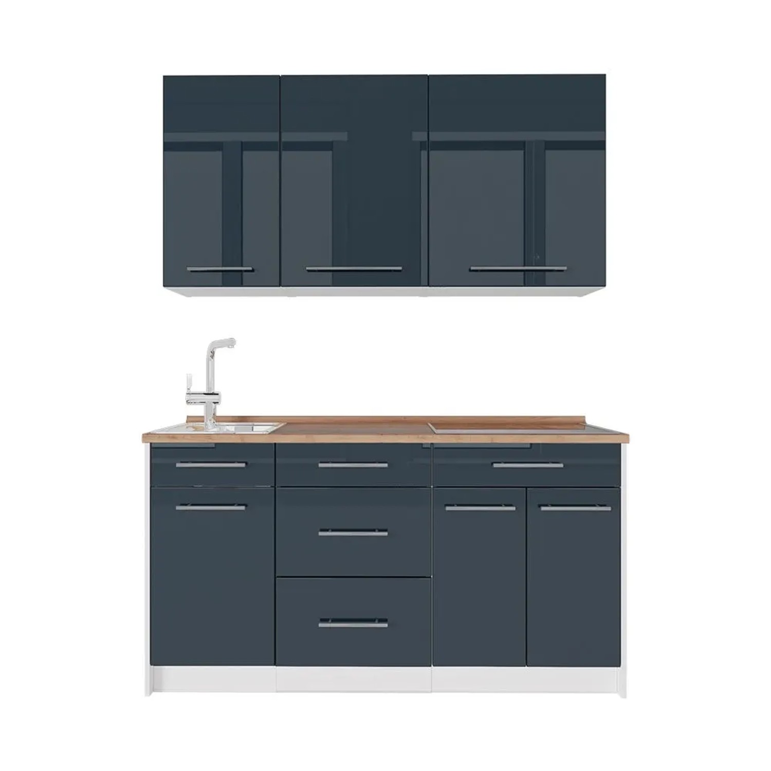 Vicco Singleküche Fame-Line Dunkelblau Hochglanz/Weiß 150 x 82 AP Eiche Art Nr 64821