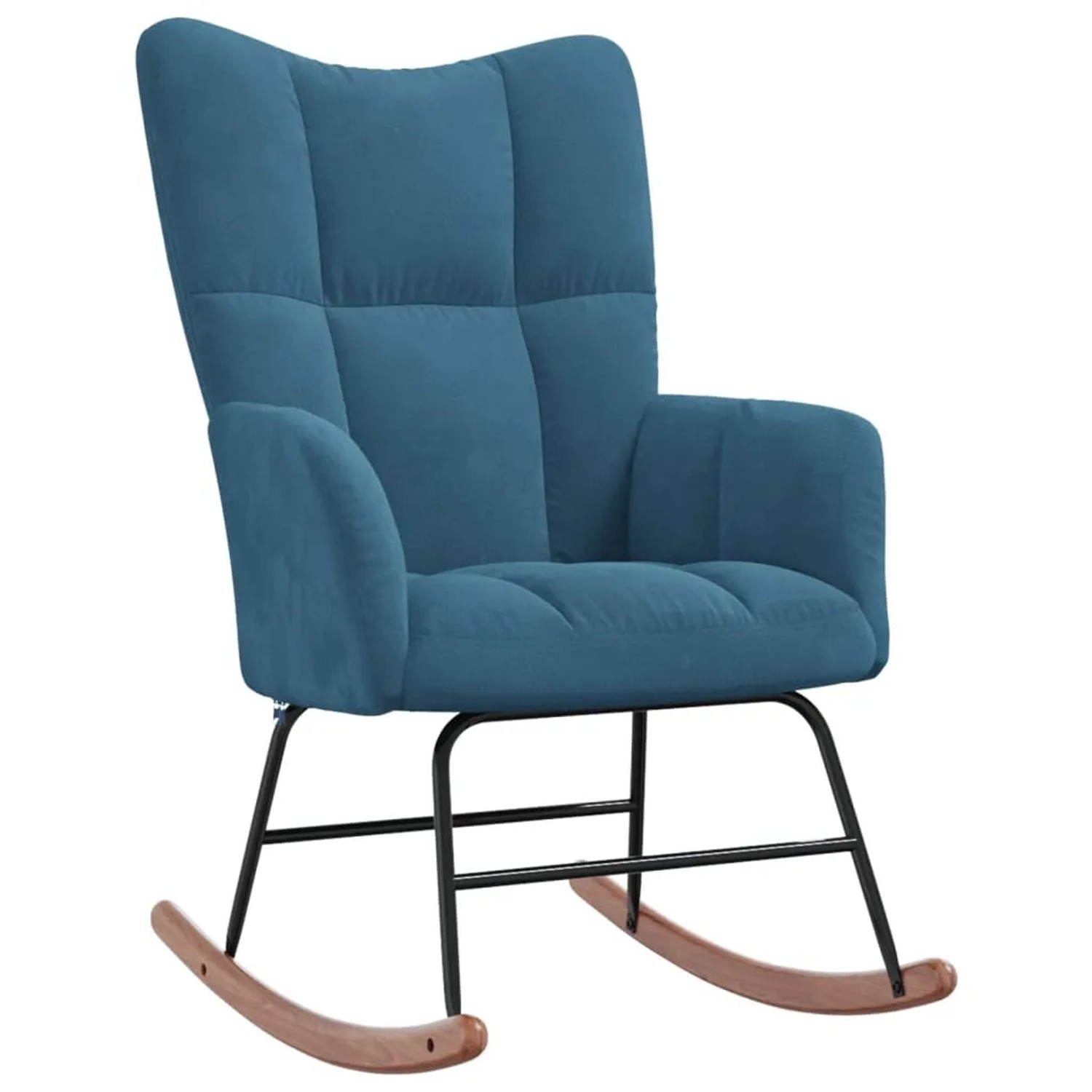 Blauer Samt Schaukelstuhl mit Hocker, gestepptes Design, Stahlgestell mit Holzkufen.