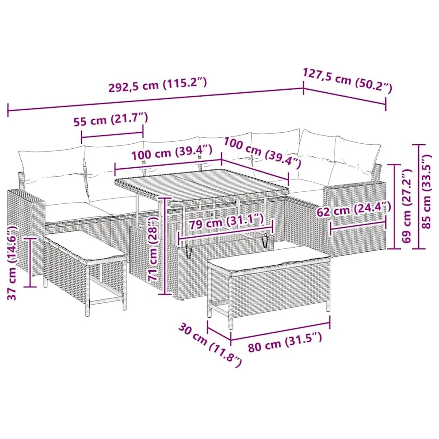 vidaXL Gartenmöbel-Set, 9-teilig, beige Poly Rattan, mit Maßen. Ideal für Terrasse und Garten.