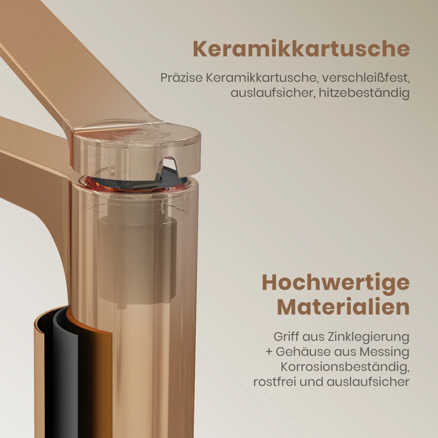 Detailaufnahme Emke Waschbeckenarmatur Roségold: Keramikkartusche und hochwertige Materialien.