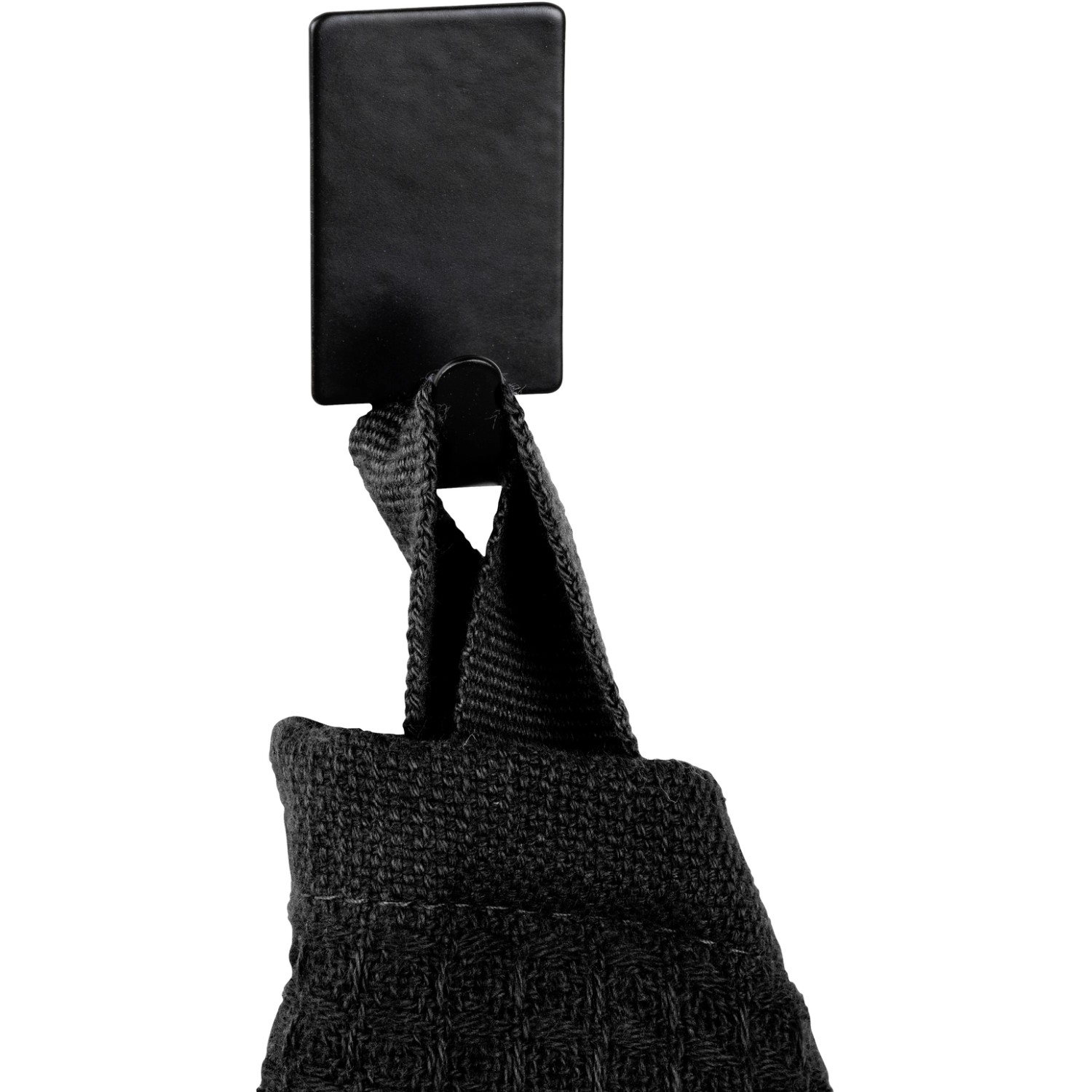 Wenko Edelstahl-Klebehaken, 4er-Set, schwarz, mit aufgehängtem Gegenstand.